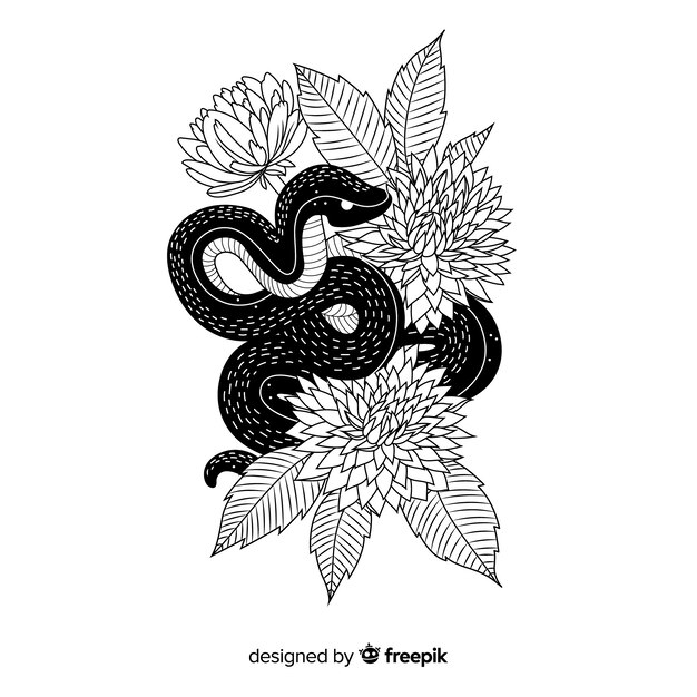 Bonita serpiente dibujada a mano con flores