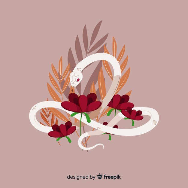 Bonita serpiente dibujada a mano con flores