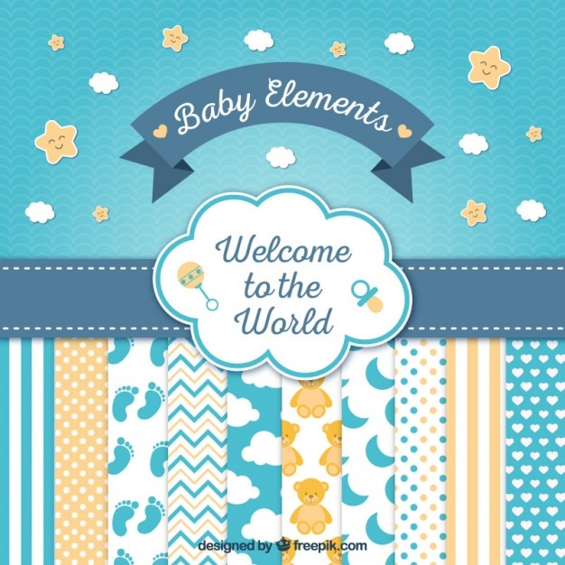 Bonita tarjeta de bienvenida de bebé con simpáticos elementos Vector Premium 
