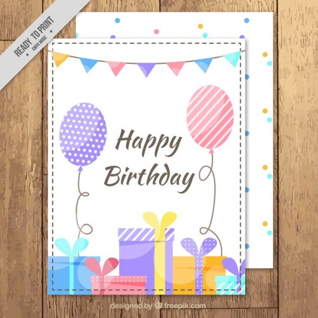 Bonita tarjeta de cumpleaños con regalos y globos 