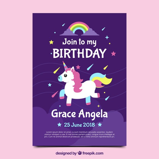 Bonita tarjeta morada de unicornio