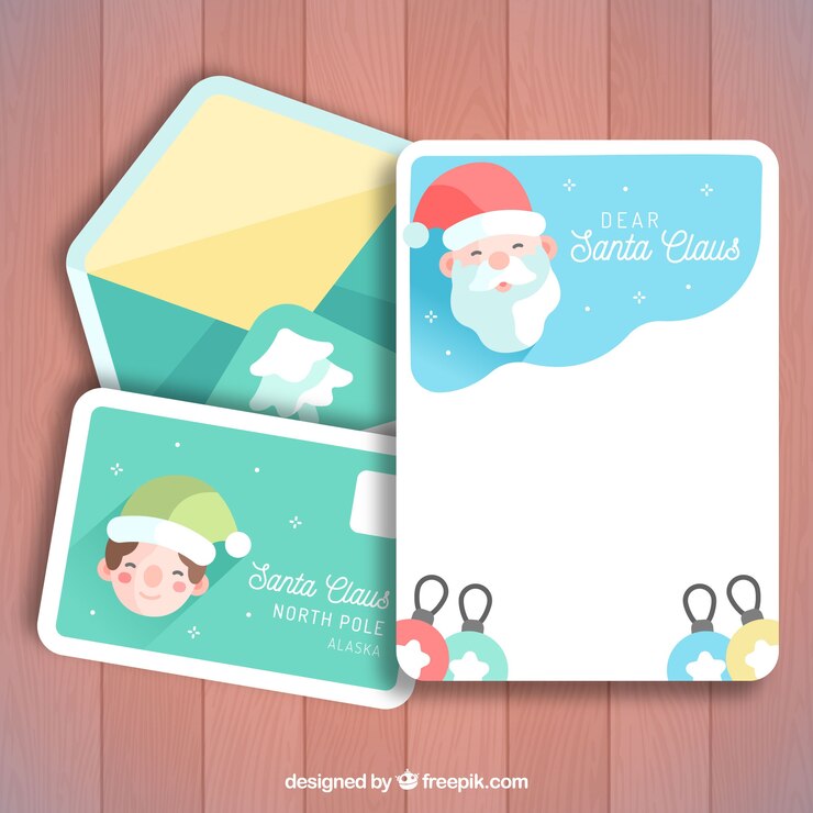 Vector gratuito bonita tarjeta de navidad con sobre y personajes navideños