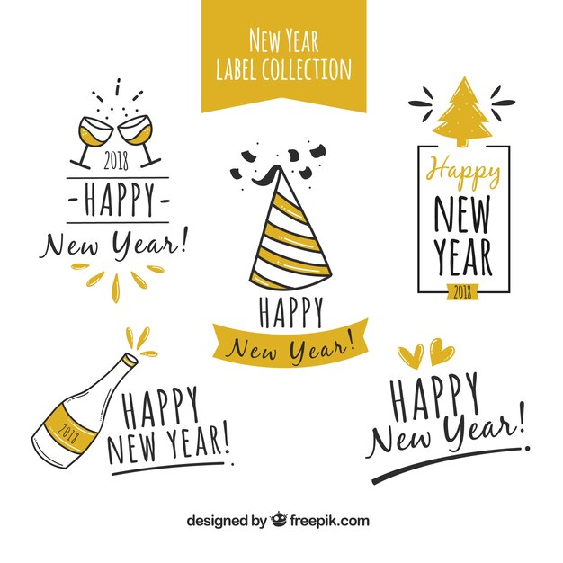 Bonitas etiquetas dibujadas a mano feliz año nuevo