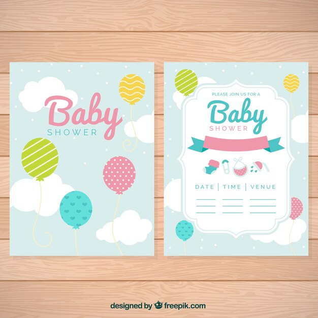 Bonitas tarjetas de bienvenida de bebé con globos y nubes