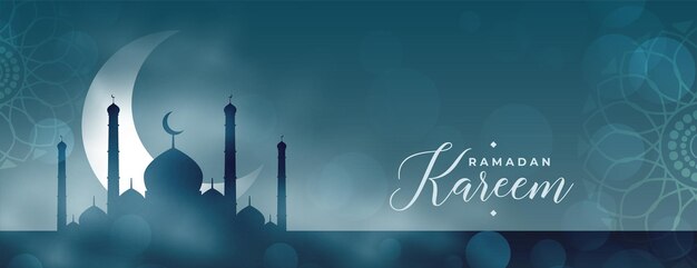 Bonito banner de ramadan kareem eid con mezquita y luna