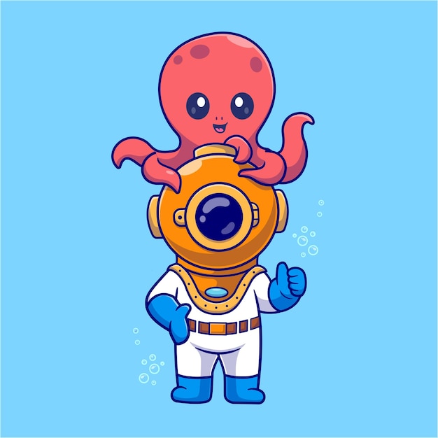 Vector gratuito bonito buzo con pulpo icono vectorial de dibujos animados ilustración ciencia icono animal vector plano aislado