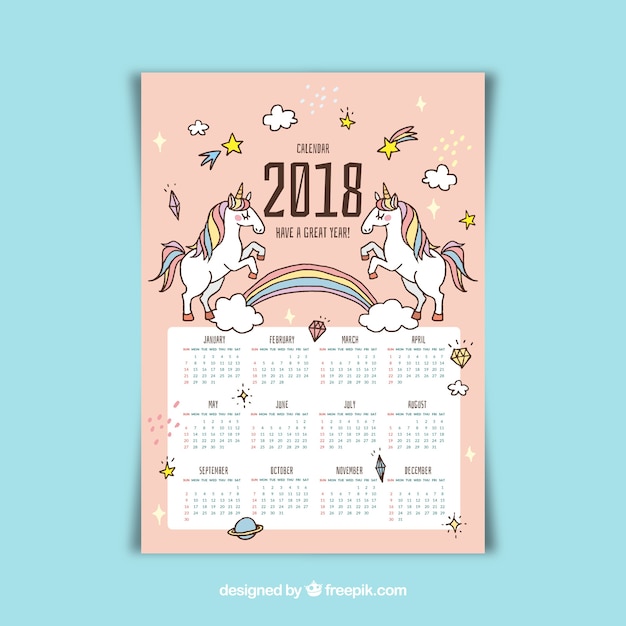 Bonito calendario 2018 con unicornios dibujados a mano