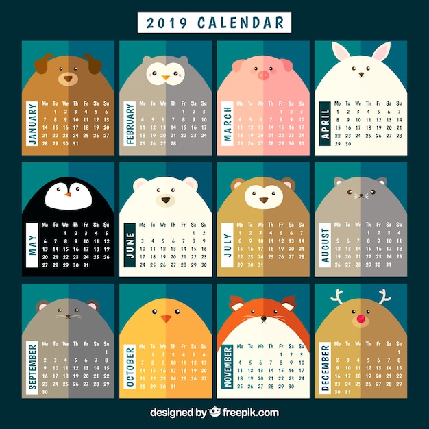 Vector gratuito bonito calendario 2019 con animales