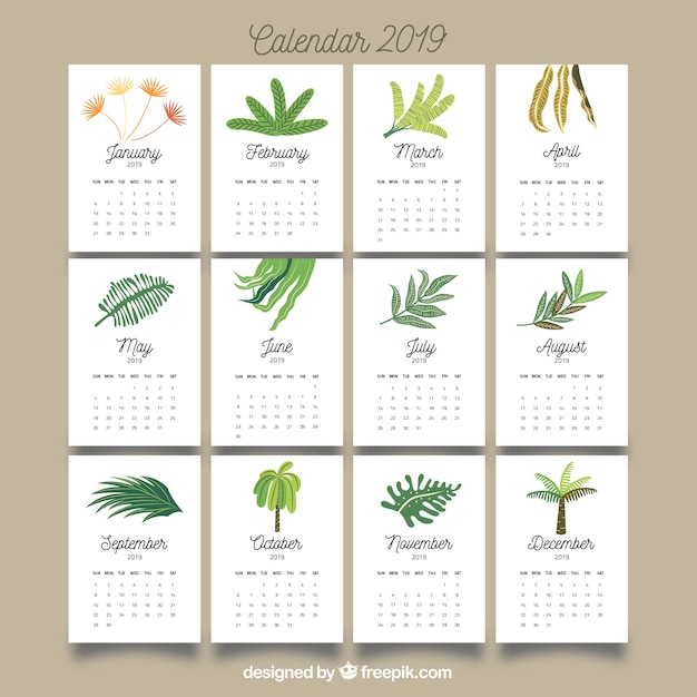 Vector gratuito bonito calendario 2019 con hojas coloridas