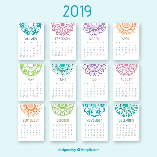 Bonito calendario 2019 con mandalas