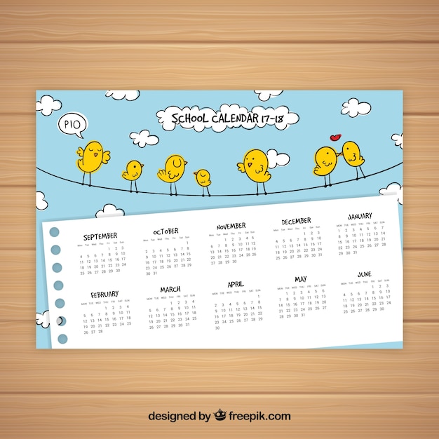 Vector gratuito bonito calendario escolar con dibujos de pájaros