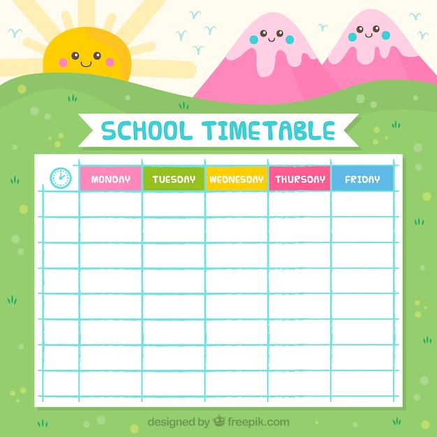 Vector gratuito bonito calendario escolar con montañas y sol