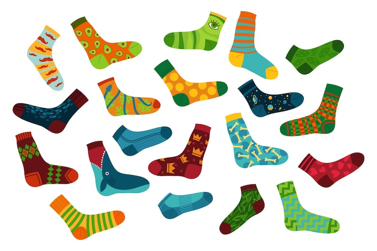 Vector gratuito bonito conjunto de calcetines de algodón y lana. ilustraciones vectoriales de la elegante colección de calcetería. calzado cálido de invierno de dibujos animados con diferentes patrones y colores aislados en blanco. accesorio, concepto de moda
