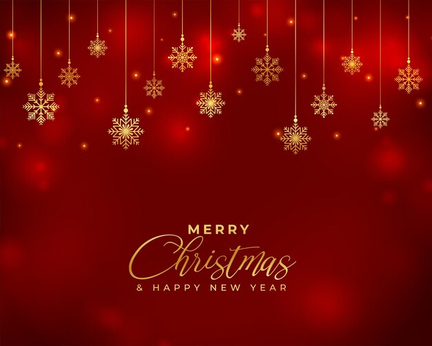 Bonito diseño de saludo dorado de copos de nieve de feliz navidad rojo