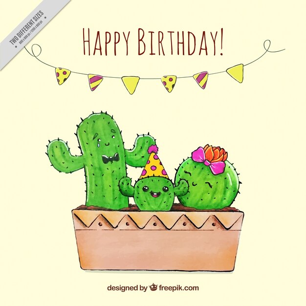 Bonito fondo de acuarela de cactus celebrando un cumpleaños 