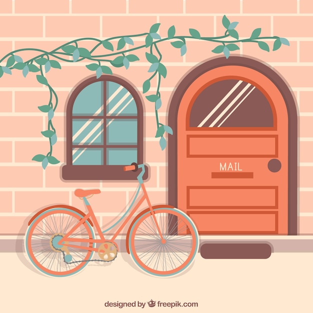 Vector gratuito bonito fondo de bici y fachada de casa