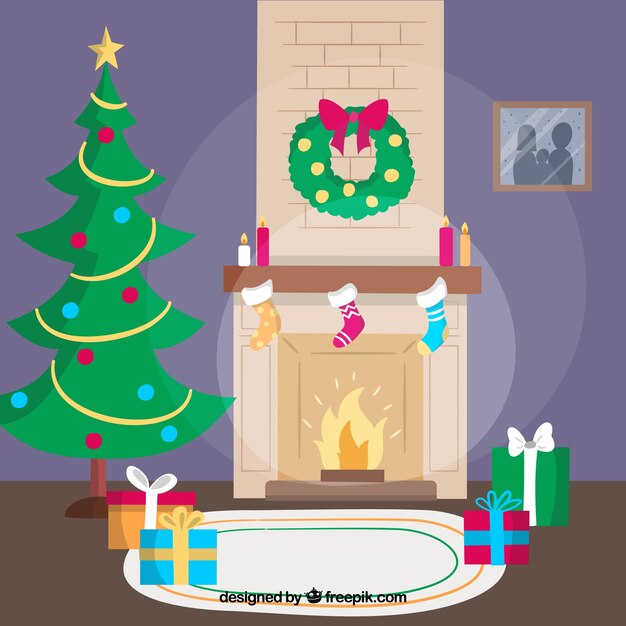 Bonito fondo de escena navideña con chimenea