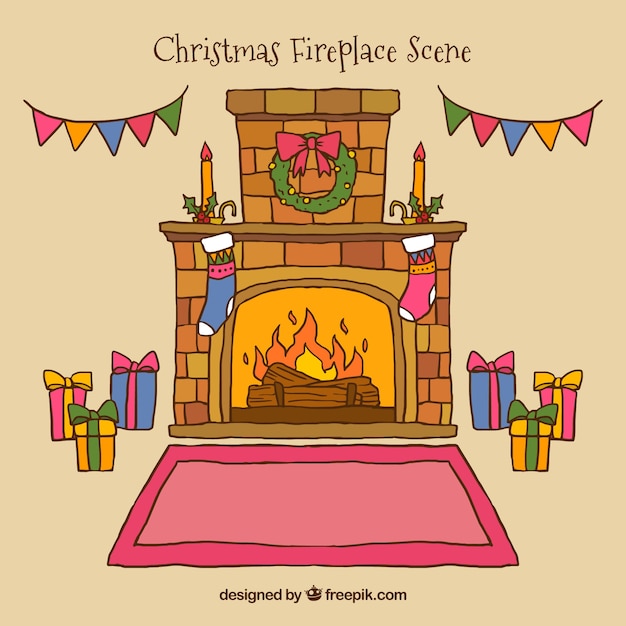 Vector gratuito bonito fondo de escena navideña con chimenea