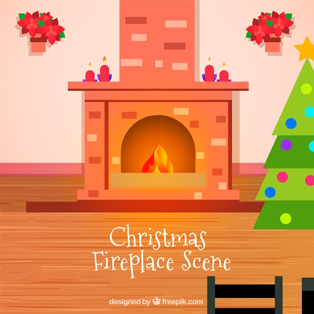 Vector gratuito bonito fondo de escena navideña con chimenea