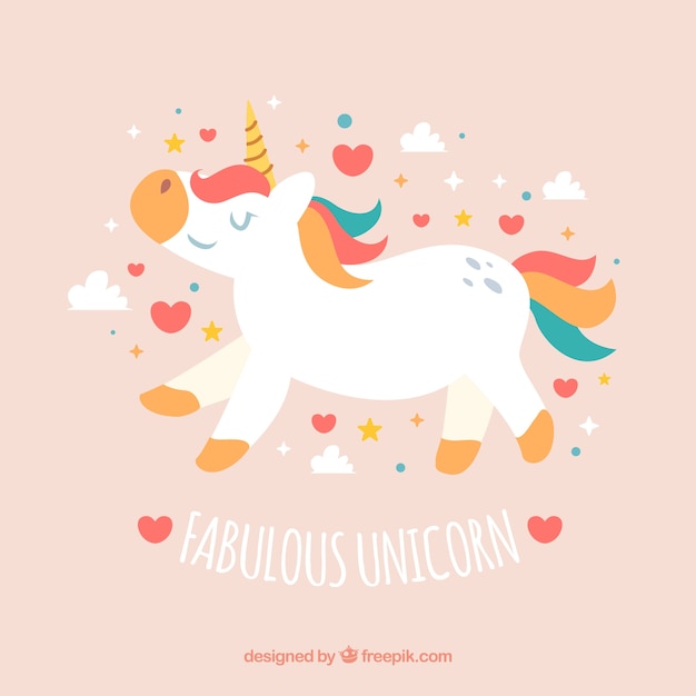 Vector gratuito bonito fondo de unicornio con corazones y nubes