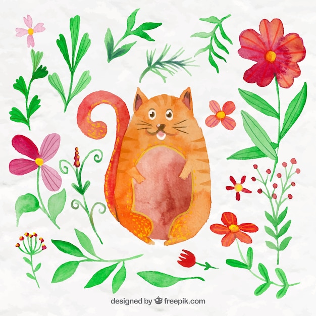 Vector gratuito bonito gato de acuarela con flores y hojas