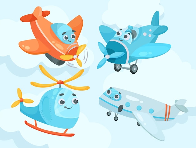 Vector gratuito bonito juego de ilustración de dibujos animados de personajes de avión y helicóptero. divertidos y adorables aviones, avionetas o aviones con caras. transporte aéreo, vehículo, concepto de juguete.