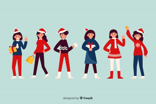 Vector gratuito bonito juego de personajes de navidad