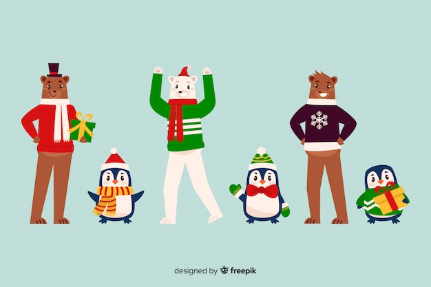 Vector gratuito bonito juego de personajes de navidad