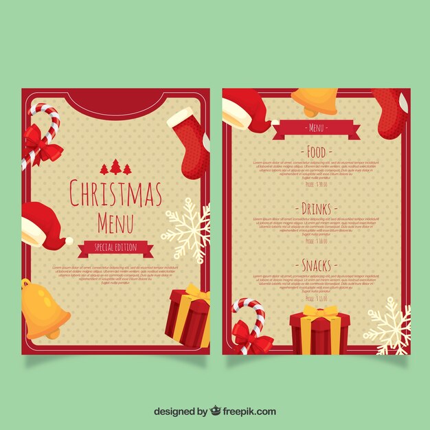 Bonito menú de navidad con elementos 