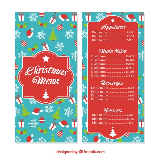 Bonito menú navideño con elementos en diseño plano