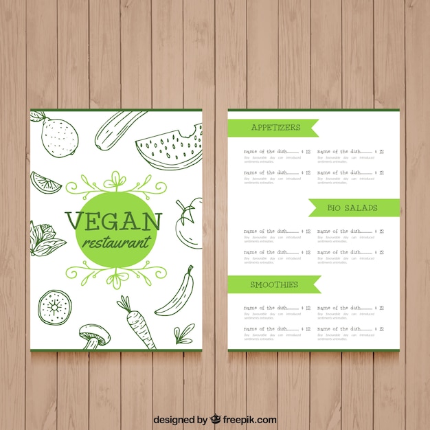 Vector gratuito bonito menú de restaurante de comida vegana