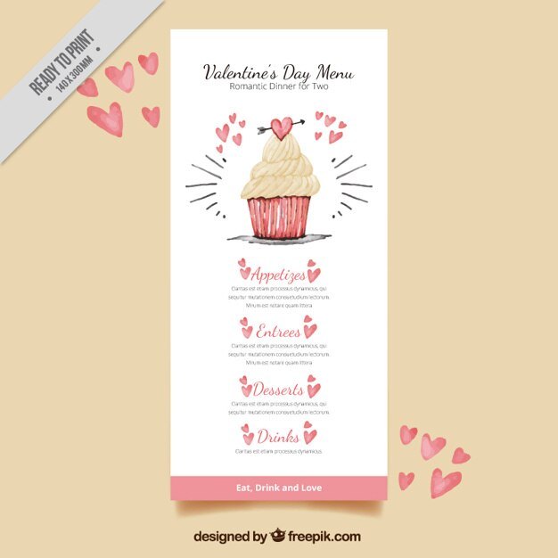 Vector gratuito bonito menú vintage de san valentín con magdalena de acuarela 