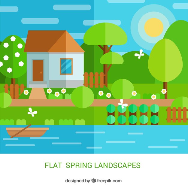 Bonito paisaje plano con una casa