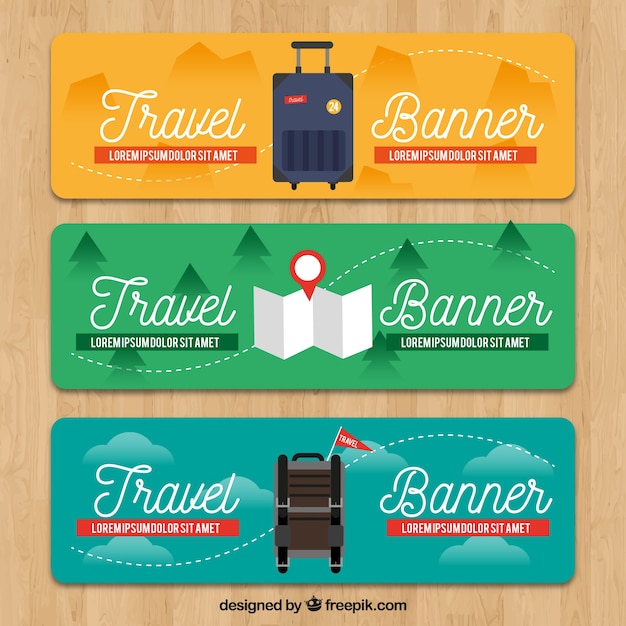 Vector gratuito bonitos banners retro con equipaje en diseño plano