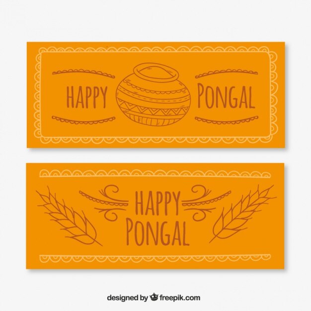 Bonitos banners vintage con dibujos de feliz pongal