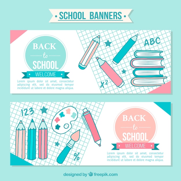 Vector gratuito bonitos banners de vuelta al colegio con lápices dibujados a mano