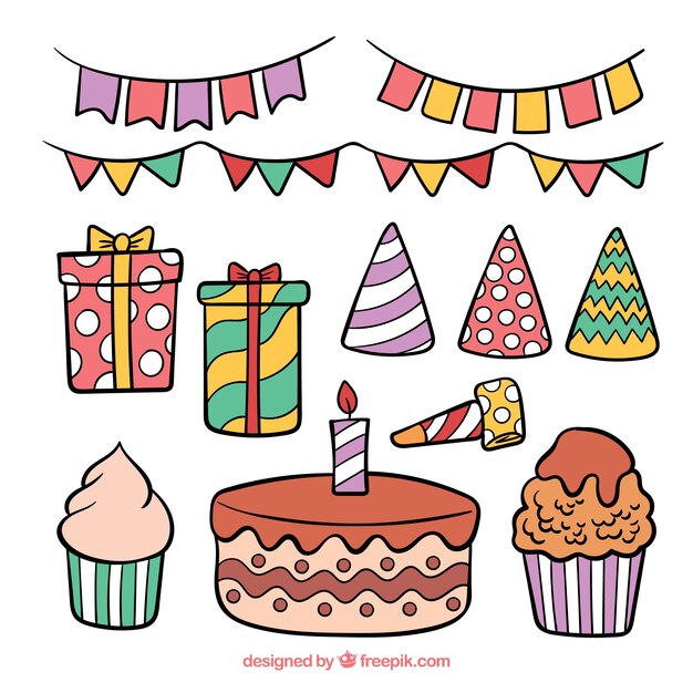Bonitos elementos de cumpleaños dibujados a mano