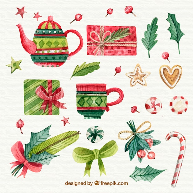 Bonitos elementos navideños de acuarela