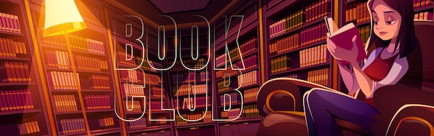 Book club cartoon banner joven leyendo en la biblioteca por la noche