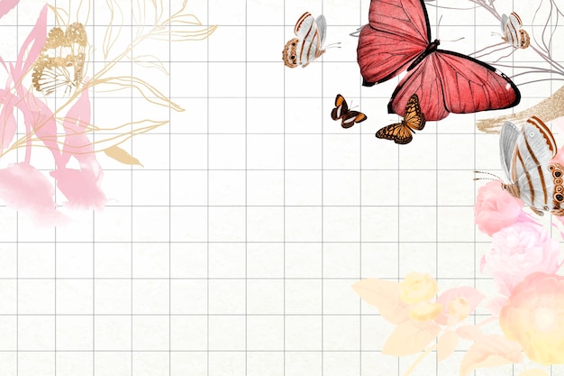 Borde estético de fondo de mariposa con vector de flores, remezclado de imágenes de dominio público vintage