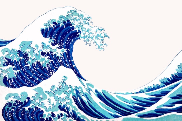 Borde de vector japonés de onda vintage, remezcla de obras de arte de Katsushika Hokusai