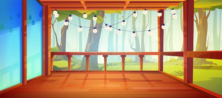 Vector gratuito bosque, casa, porche, país, vector, ilustración, cabaña, terraza, en, verano, con, árbol, vista, guirnalda, y, naturaleza, ambiente, rural, cabaña de madera, terraza, en, hotel, con, cerca, en, hermoso, día soleado, ubicación