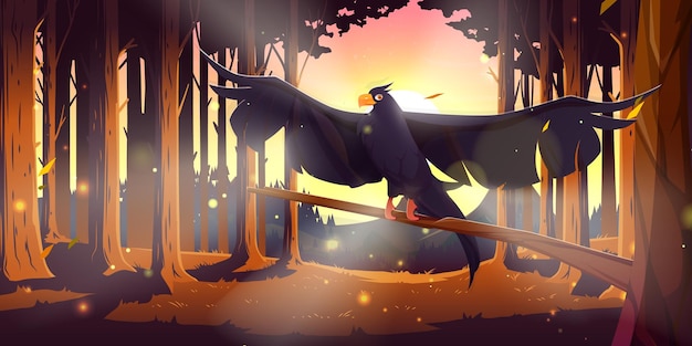 Bosque de coníferas con cuervo negro al atardecer