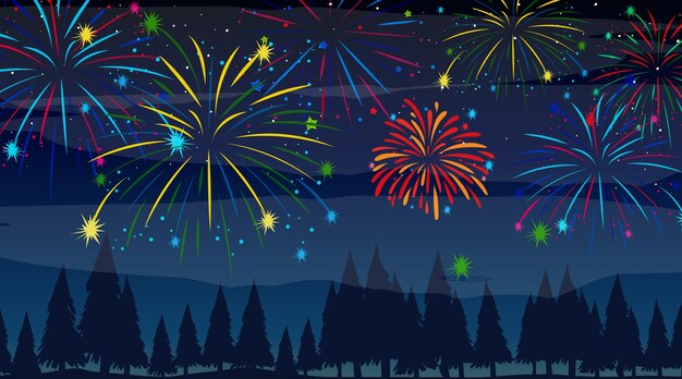 Bosque con escena de fuegos artificiales de celebración