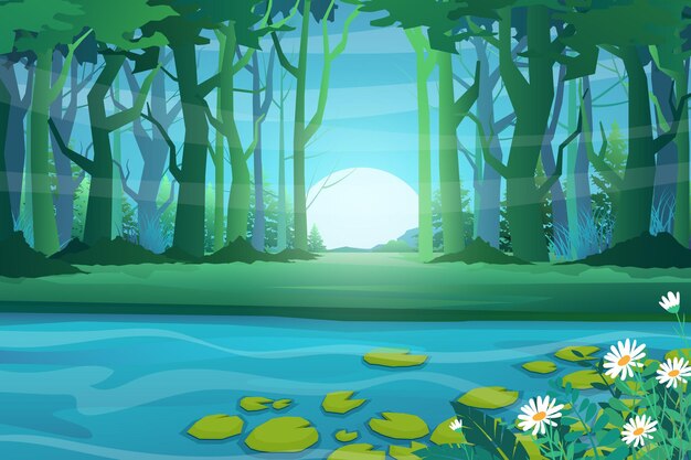 El bosque y el gran estanque con loto, ilustración de estilo de dibujos animados de escena de la naturaleza