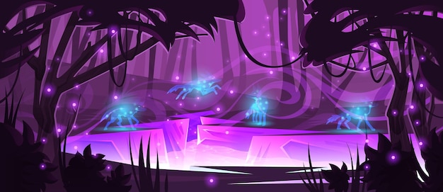 Bosque mágico con lobos, río y luz violeta.