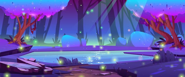 Bosque mágico nocturno con paisaje vectorial de dibujos animados de pantano místico Bosque encantado de fantasía con camino al lago con luciérnaga Misteriosa escena panorámica de entorno gui de hadas púrpura sin nadie