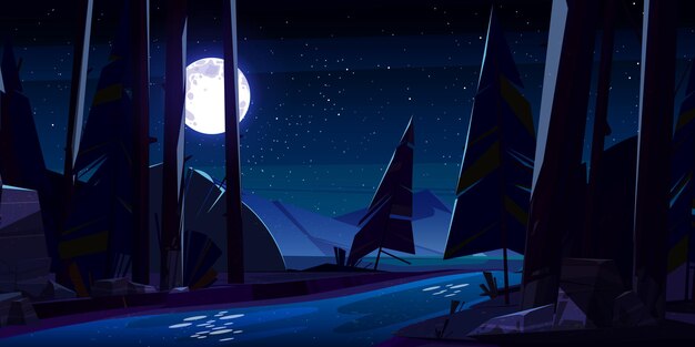 Bosque nocturno con naturaleza de ríos y montañas