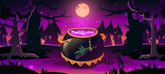 Vector gratuito bosque oscuro con caldero de brujas, siluetas de árboles, luz púrpura y luna por la noche. fondo de halloween con caldera de cocina de oro con poción mágica. ilustración de dibujos animados de vector con caldero en madera