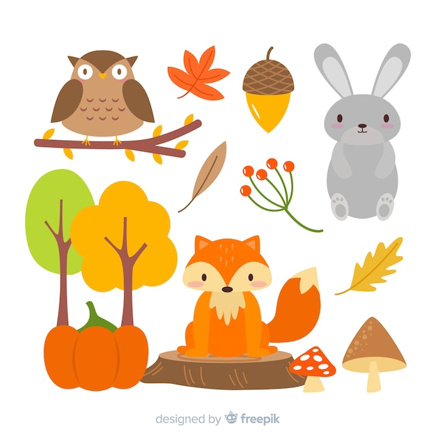 Vector gratuito bosque de otoño animales diseño plano